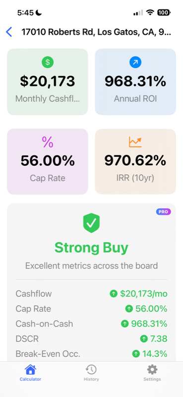 Instant financial analysis with cashflow, ROI, cap rate, and IRR